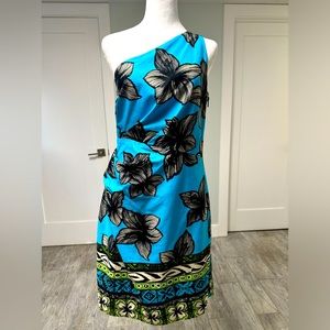 Muse One-Shoulder Floral Dress in Turquoise with Black and Green Trim